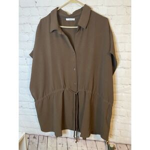 Woman Relaxed Fit Drawstring Tie-Front Shirt Brown 3XL